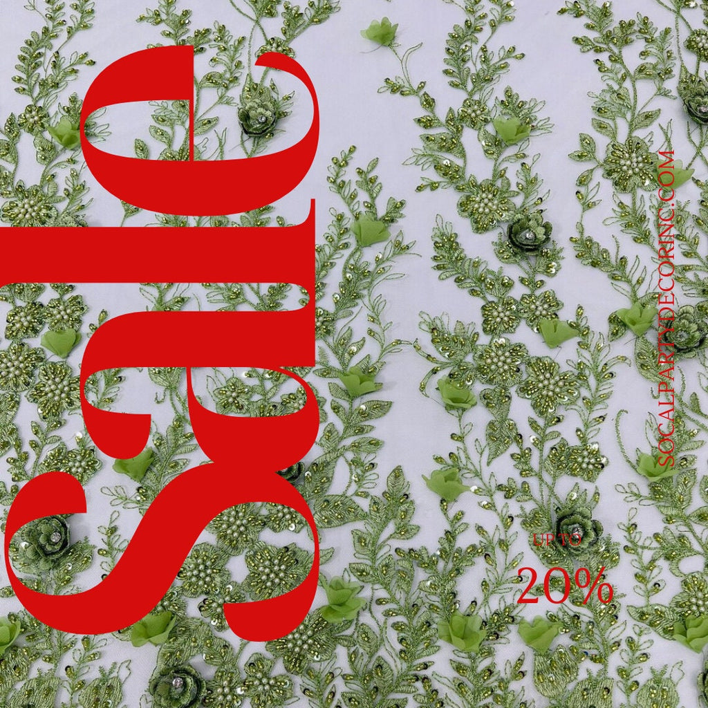 3D FLORAL - SAGE -  Design Embroider  Beaded With Rhinestones  Mesh Lace Fabric. Sold By The Yard.
