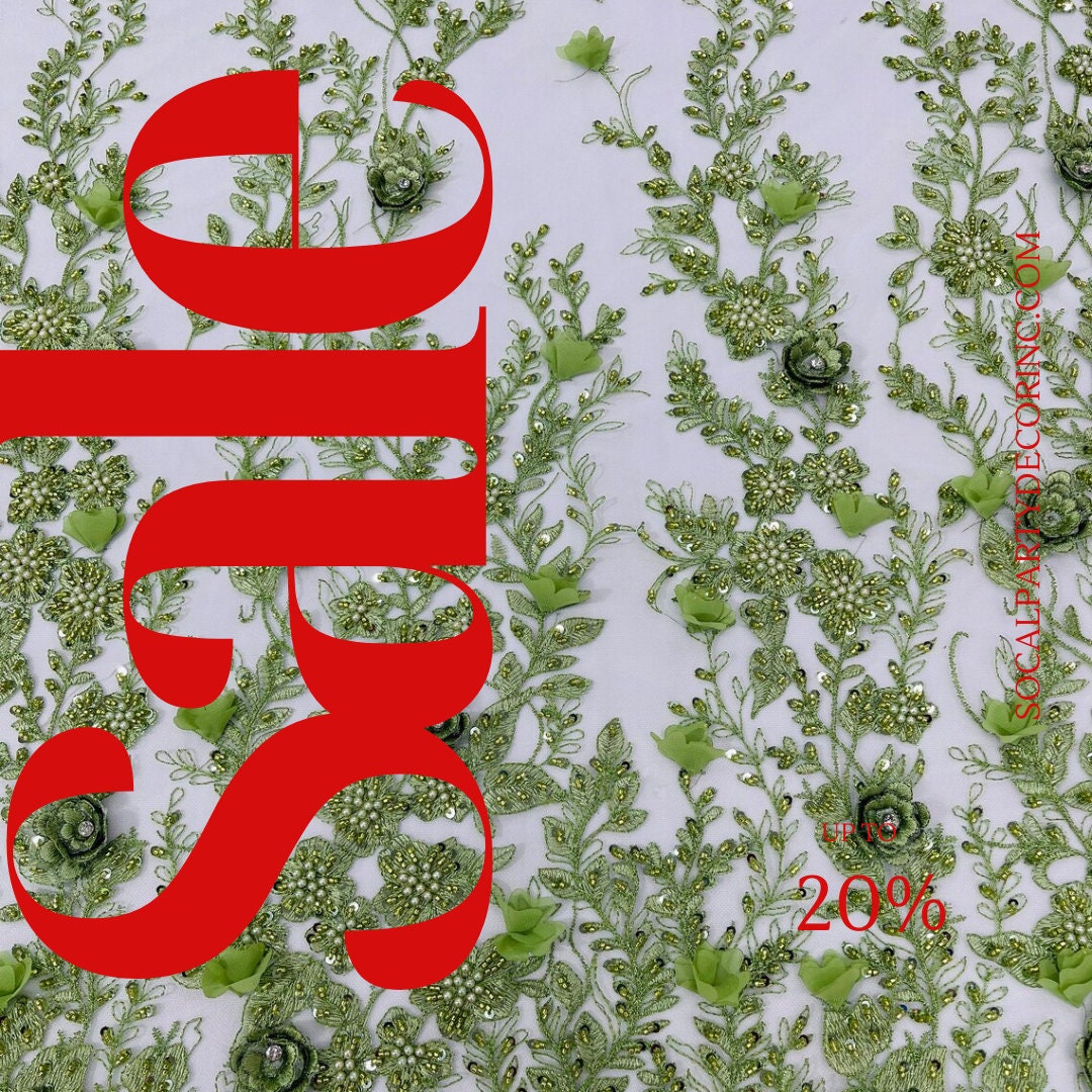 3D FLORAL - SAGE -  Design Embroider  Beaded With Rhinestones  Mesh Lace Fabric. Sold By The Yard.