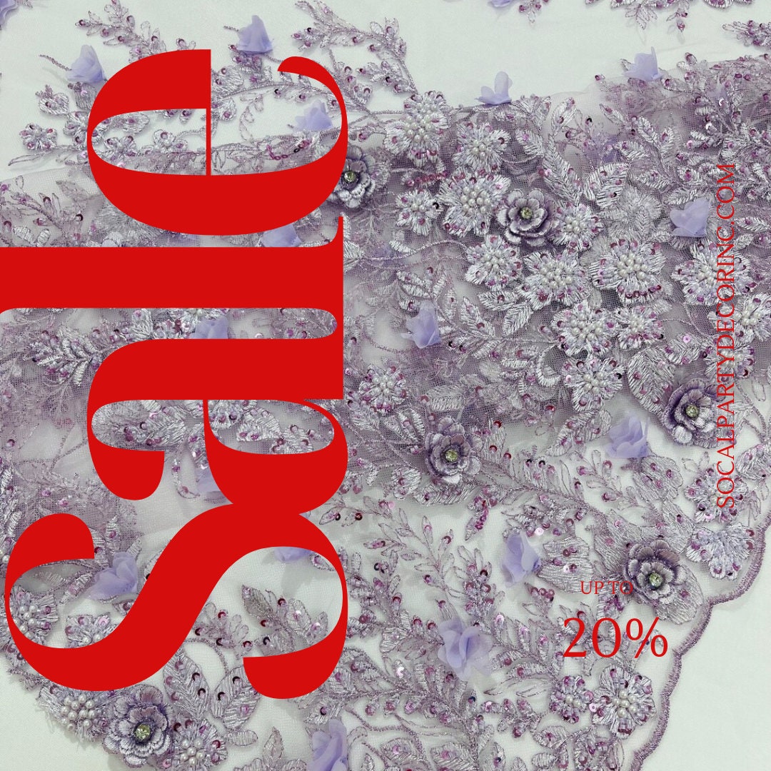 3D FLORAL - LILAC -  Design Embroider  Beaded With Rhinestones  Mesh Lace Fabric. Sold By The Yard.