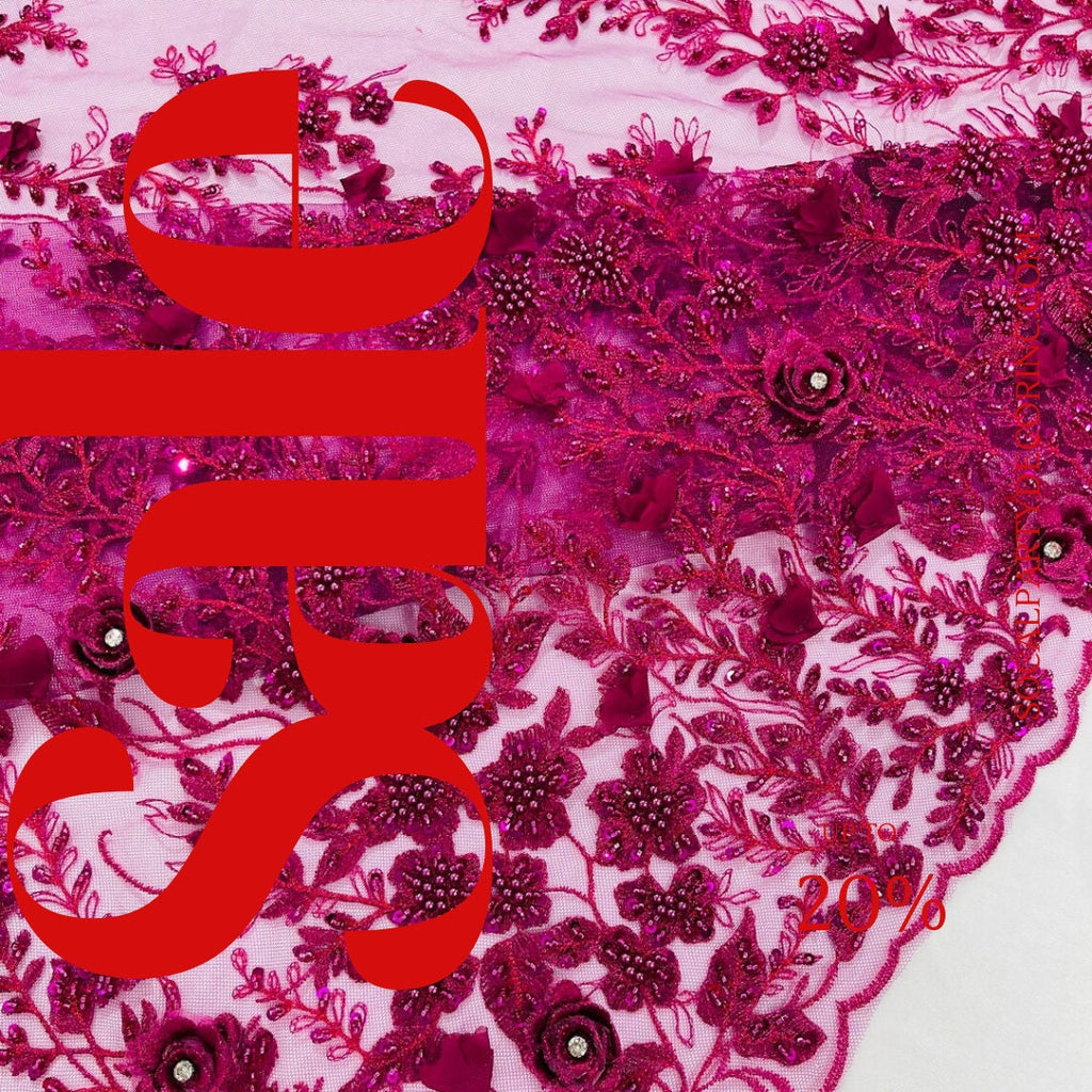 3D FLORAL - MAGENTA -  Design Embroider  Beaded With Rhinestones  Mesh Lace Fabric. Sold By The Yard.