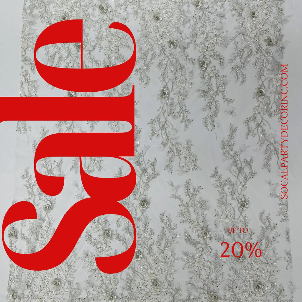 3D FLORAL - OFF WHITE -  Design Embroider  Beaded With Rhinestones  Mesh Lace Fabric. Sold By The Yard.