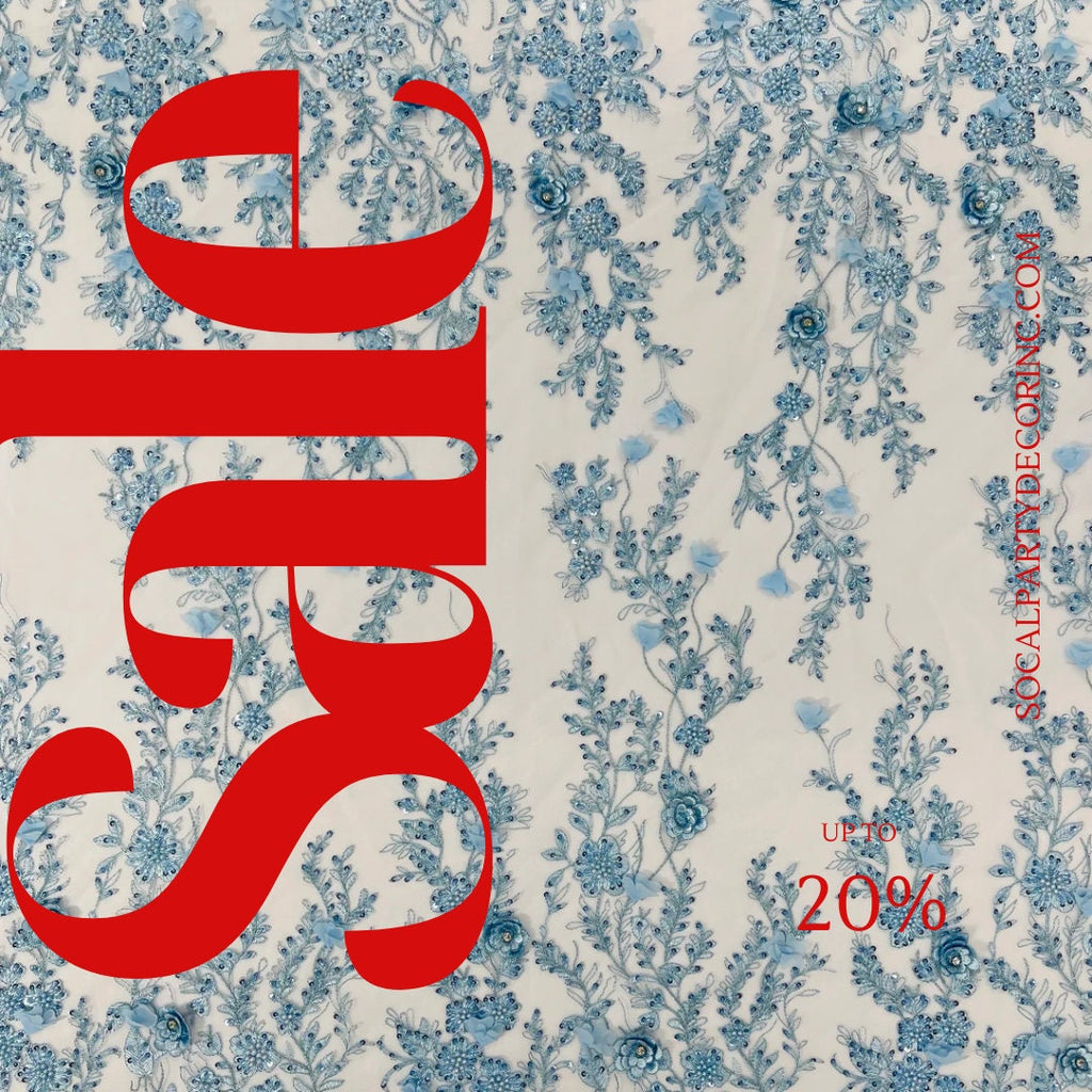 3D FLORAL - LT BLUE -  Design Embroider  Beaded With Rhinestones  Mesh Lace Fabric. Sold By The Yard.