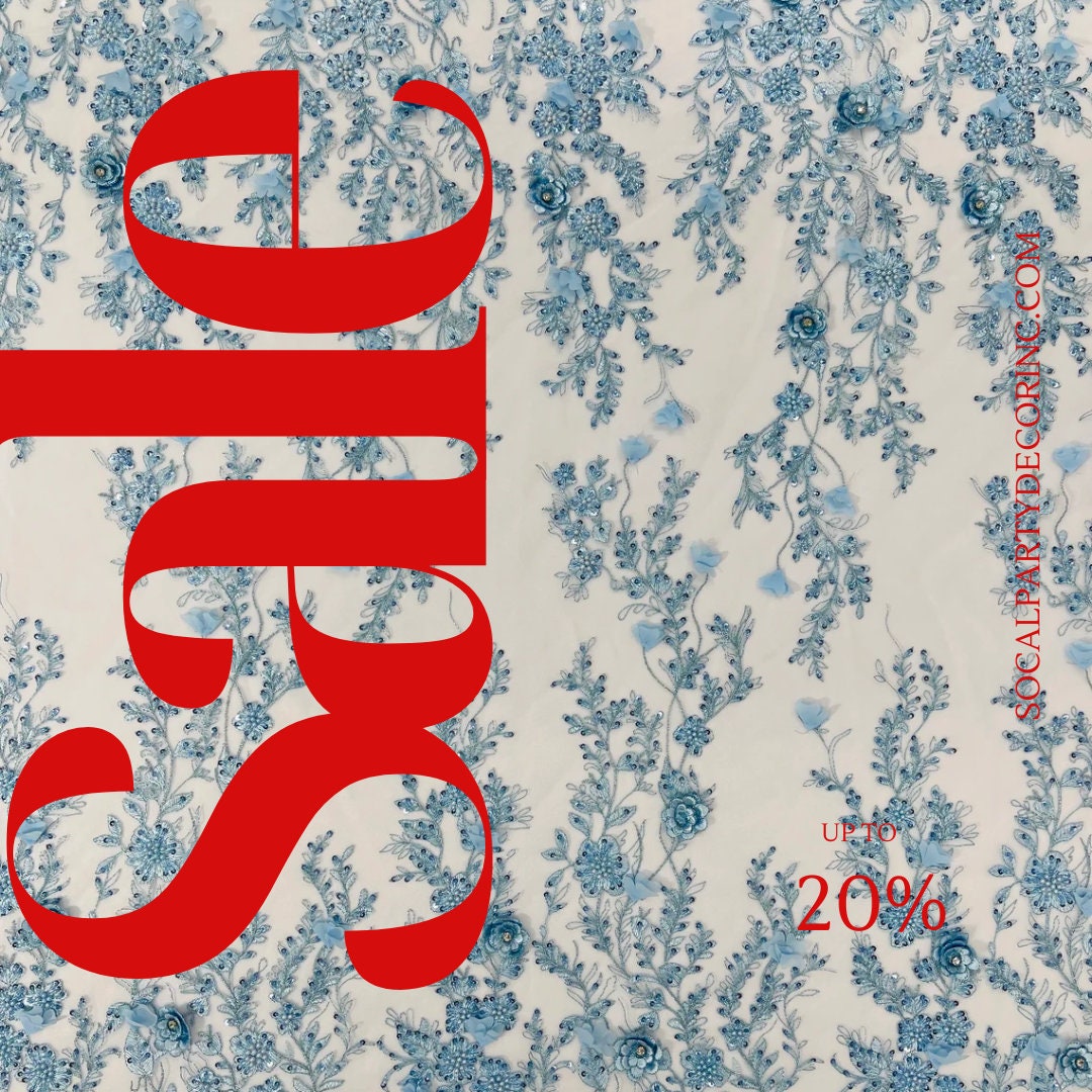 3D FLORAL - LT BLUE -  Design Embroider  Beaded With Rhinestones  Mesh Lace Fabric. Sold By The Yard.