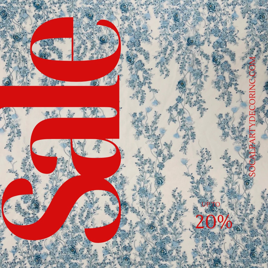 3D FLORAL - LT BLUE -  Design Embroider  Beaded With Rhinestones  Mesh Lace Fabric. Sold By The Yard.