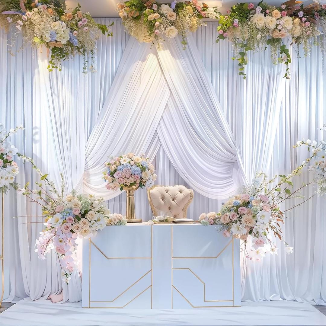 WHITE - Wrinkle Free Backdrop Curtains for Parties  - 10 Panels 5x10ft Silky Interlock Backdrop for Weddings Birthday Party Curtains