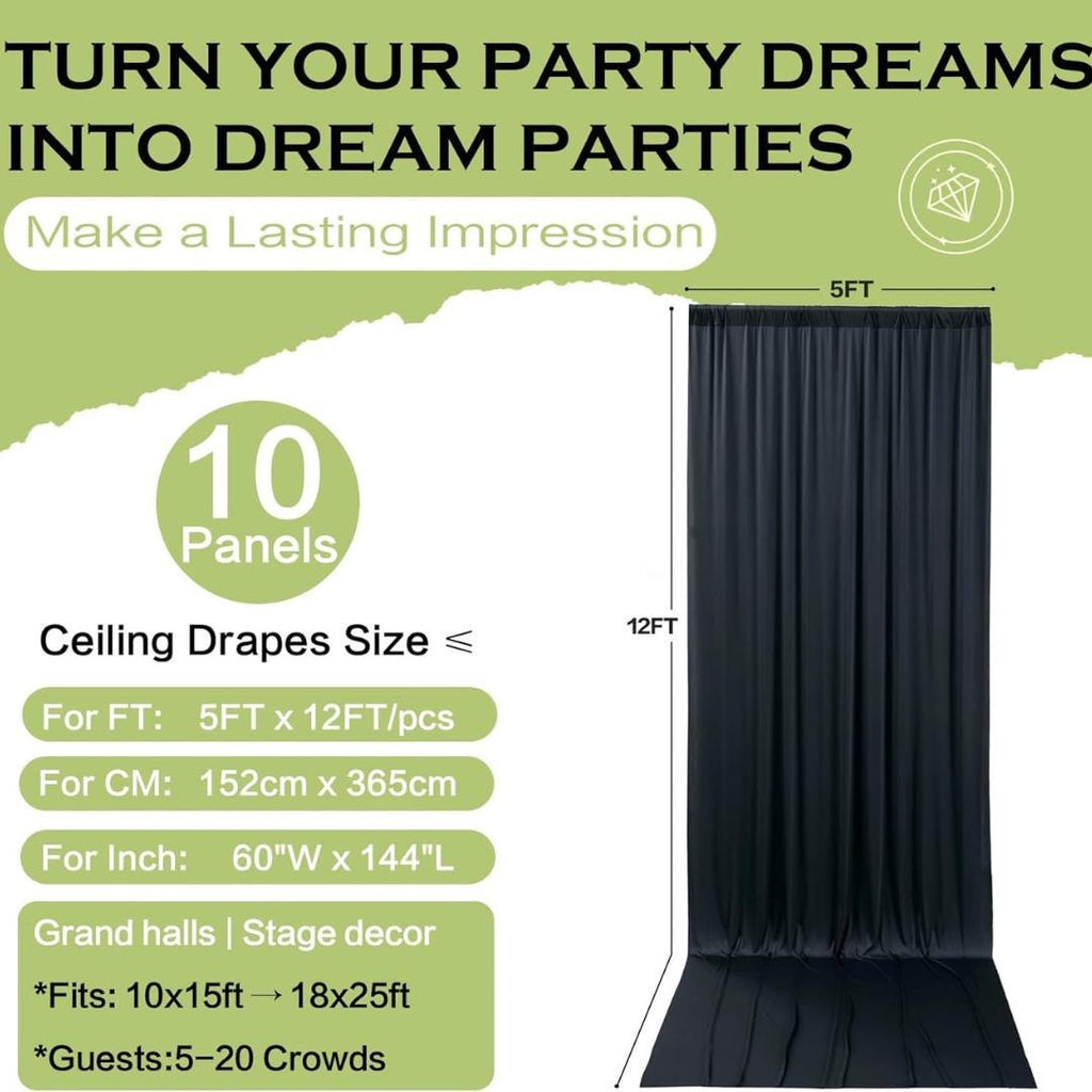 BLACK - Wrinkle Free Backdrop Curtains for Parties  - 10 Panels 5x12ft Silky Interlock Backdrop for Weddings Birthday Party Curtains