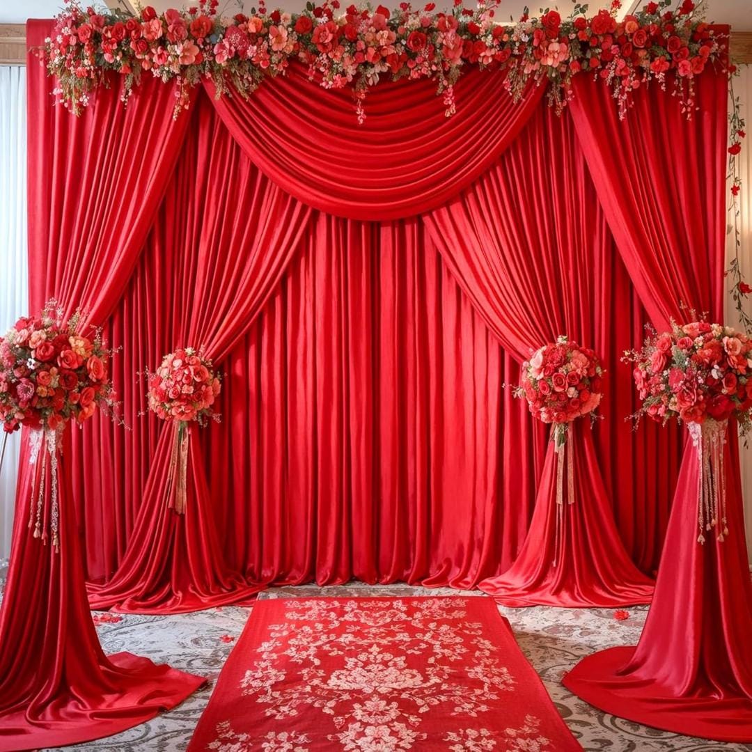 RED - Wrinkle Free Backdrop Curtains for Parties  - 4 Panels 5x15ft Silky Interlock Backdrop for Weddings Birthday Party Curtains