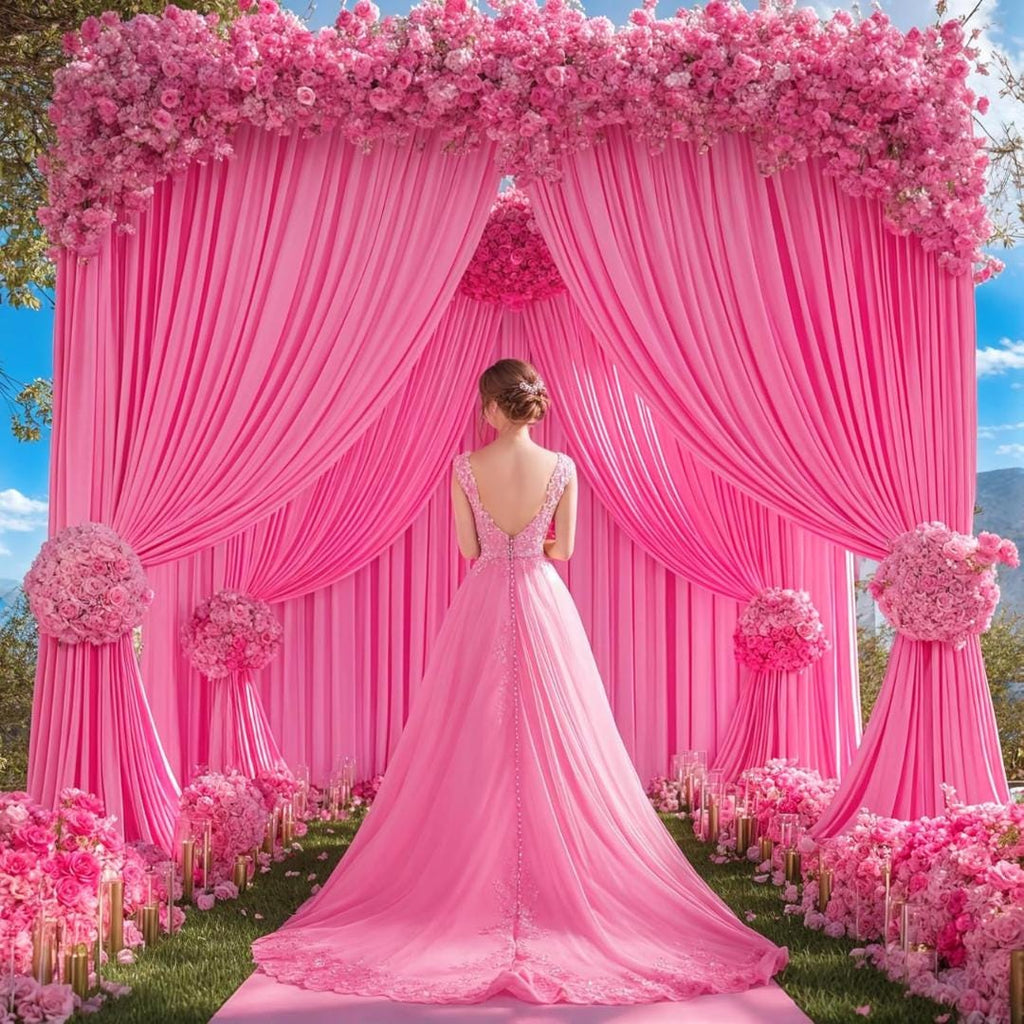 HOT PINK - Wrinkle Free Backdrop Curtains for Parties  - 4 Panels 5x15ft Silky Interlock Backdrop for Weddings Birthday Party Curtains