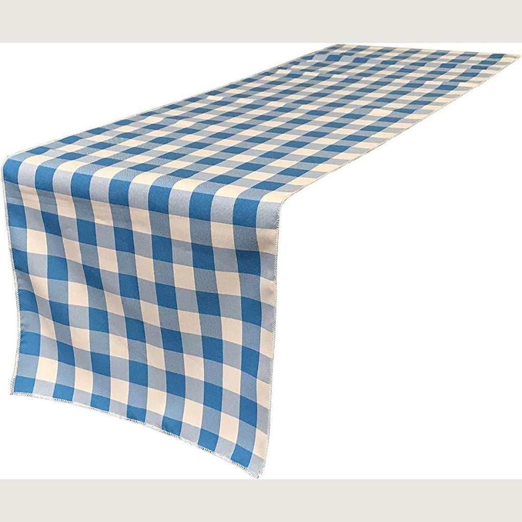 14" Wide Polyester Poplin Gingham, Checkered, Plaid Table Runner (White & Turquoise , 14" Wide x 90" Long) for Party Sweetest Day Wedding