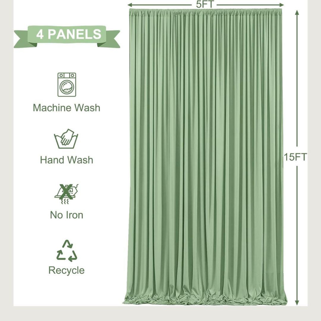 SAGE - Wrinkle Free Backdrop Curtains for Parties  - 4 Panels 5x15ft Silky Interlock Backdrop for Weddings Birthday Party Curtains
