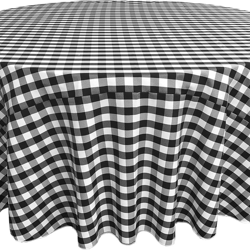 WHITE/BLACK - Polyester Gingham Checkered Tablecloth - Round Table Cover Overlay for Wedding Birthday Party Baby Bridal Shower. Choose Size