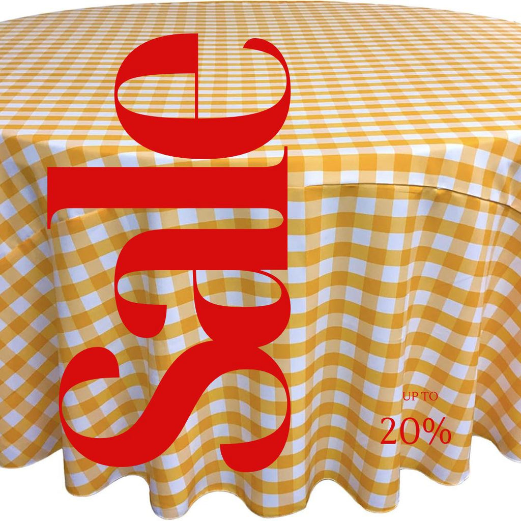 WHITE/YELLOW - Polyester Gingham Checkered Tablecloth - Round Table Cover Overlay for Wedding Birthday Party Baby Bridal Shower. Choose Size