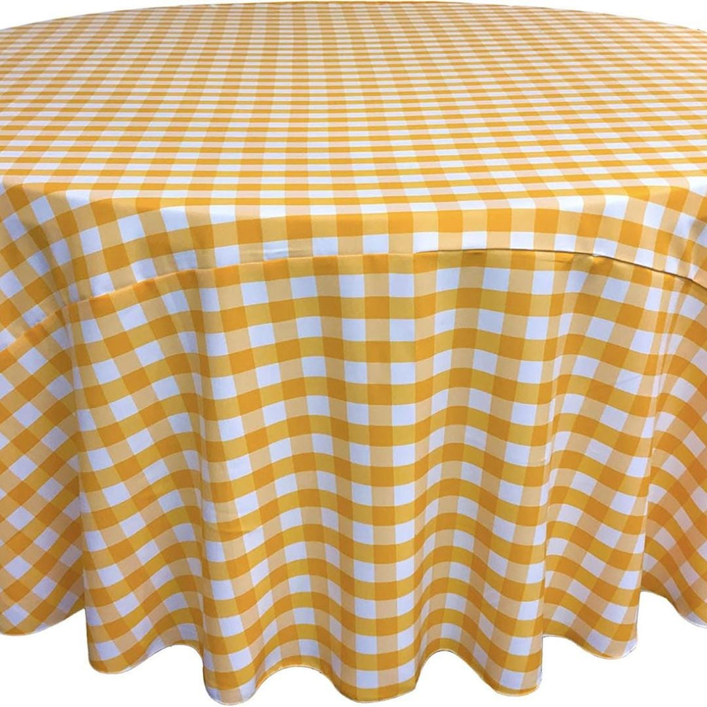 WHITE/YELLOW - Polyester Gingham Checkered Tablecloth - Round Table Cover Overlay for Wedding Birthday Party Baby Bridal Shower. Choose Size