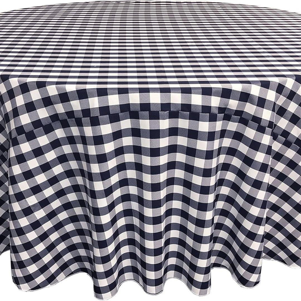WHITE/NAVY - Polyester Gingham Checkered Tablecloth - Round Table Cover Overlay for Wedding Birthday Party Baby Bridal Shower. Choose Size