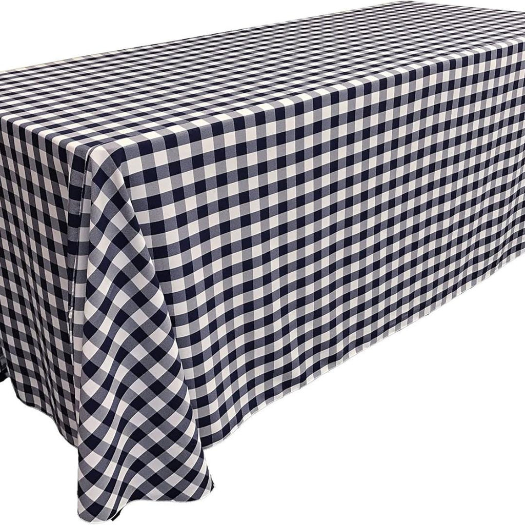 WHITE/NAVY - Polyester Gingham Checkered Rectangular - Table Cover Overlay for Wedding Birthday Party Baby Bridal Shower. Choose Size