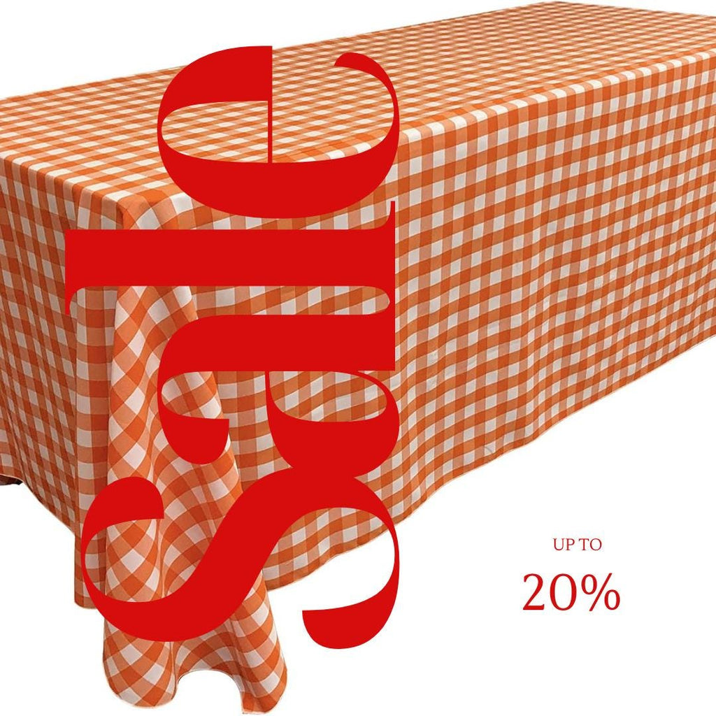 WHITE/ORANGE - Polyester Gingham Checkered Rectangular - Table Cover Overlay for Wedding Birthday Party Baby Bridal Shower. Choose Size