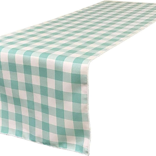 14" Wide Polyester Poplin Gingham, Checkered, Plaid Table Runner (White & Aqua , 14" Wide x 90" Long) for Party Sweetest Day Wedding