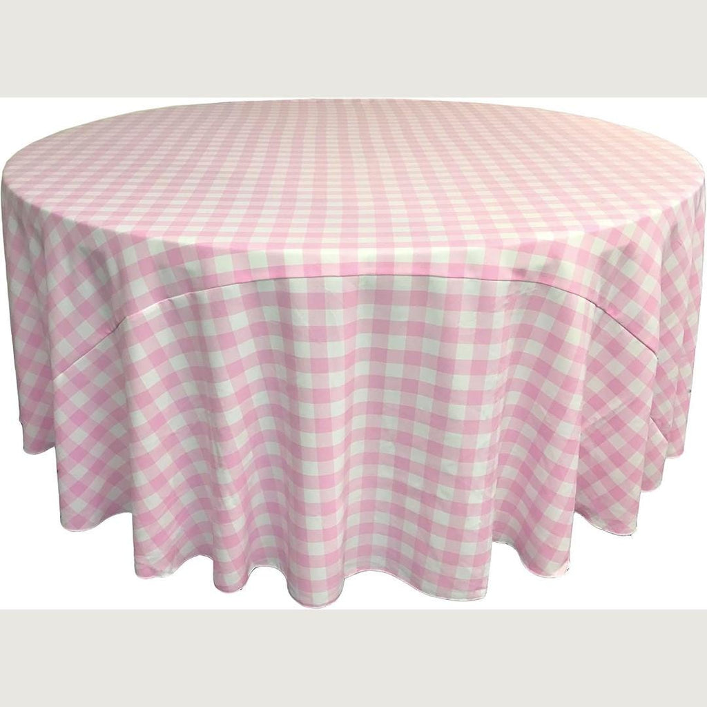 WHITE/PINK - Polyester Gingham Checkered Tablecloth - Round Table Cover Overlay for Wedding Birthday Party Baby Bridal Shower. Choose Size