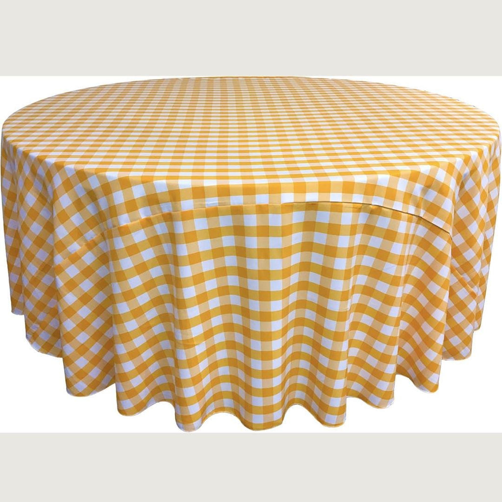 WHITE/YELLOW - Polyester Gingham Checkered Tablecloth - Round Table Cover Overlay for Wedding Birthday Party Baby Bridal Shower. Choose Size